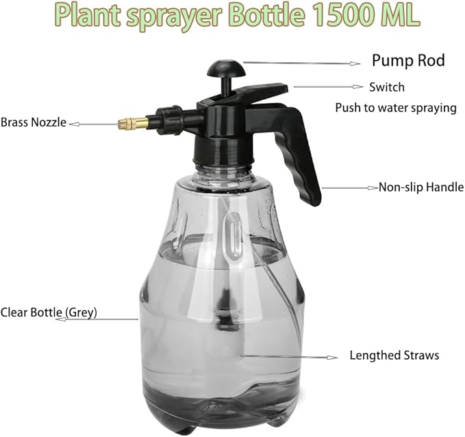 MRPAPA 2 Pack Handheld Pump Sprayer, Garden Pressure Water Spray Bottle with Adjustable Brass Nozzle for Plants (1.5L-Grey-2PCS)