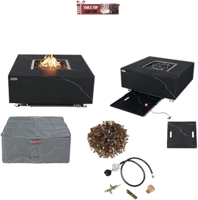 Elementi+ | Sofia Gas Fire Pit | Marble Porcelain & Metal Frame | 40" Square Fire Table | Electronic Ignition | Canvas Cover, Fire Glass & Burner Lid Included | Black | Propane Gas