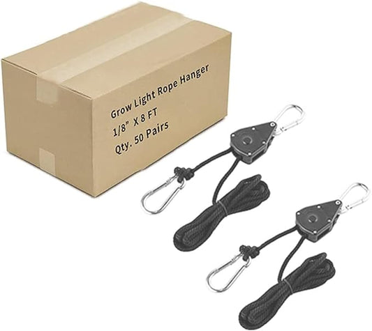 Grow Light Rope Hanger 50Pairs，1/8" 8-Feet Long Heavy Duty Adjustable Rope Clip Hanger, Adjustable Rope Ratchet Hangers 150 Lbs per Pair Used with Grow Light, Grow Bags