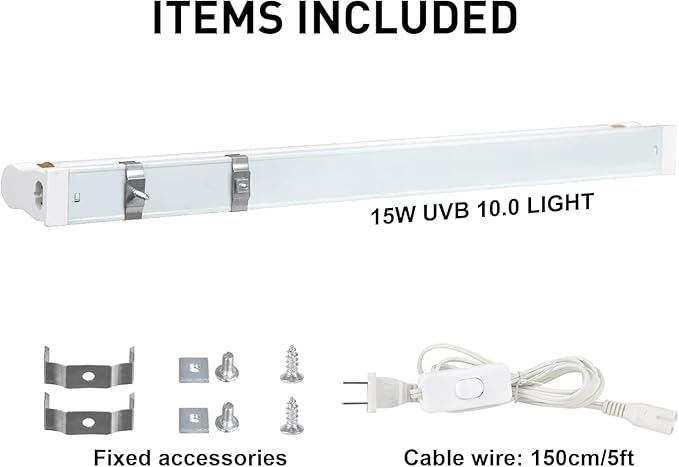 Hypool T8 Strip UVB UVA Reptile Lighting Fixture with 18-Inch 15 Watt UVB 10.0 Fluorescent Bulb Combo Kit 10-Percent UVB Desert Pet Habitat Light for Reptiles Amphibian-1 Pack
