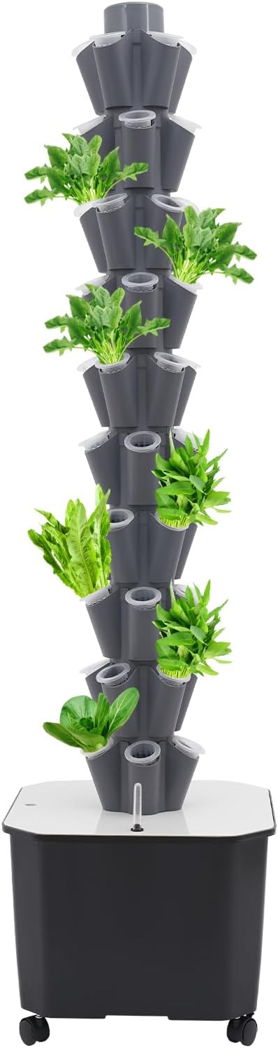 Hydroponics Tower | 10 Layer 50 Plants Indoor Vertical Tower System Kit | Vertical Hydroponic Grow Tower Aeroponic Tower for Herbs | with Pump and 11.89 GAL Water Tank | 4 Wheels | Grey