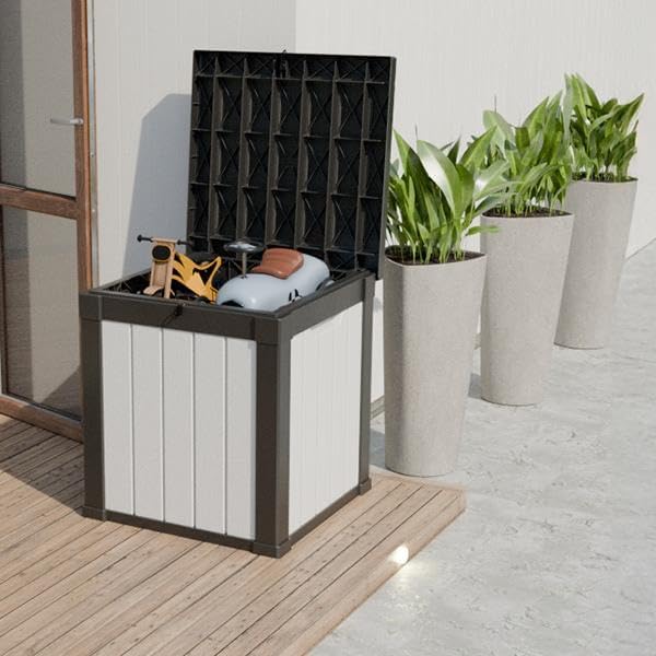 51-Gallon Outdoor Deck Box,Storage Lockable Waterproof Patio Furniture,Garden Tools,Cushions,Pool Accessories Outside Storage Resin Box(Black and White)