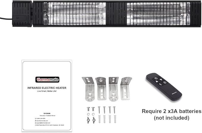 ThermoMate Infrared Electric Patio Heater, 3000W Carbon Fiber Heating for Outdoor/Indoor, Porch, Deck, Garage with Remote 24 Hours Timer, Hard Wired 240V