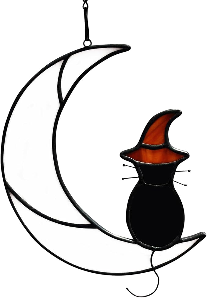 Stained Glass Halloween Black Cat Decor Gifts for Cat Lovers Memorial, Handmade Gothic Witch Hat Stained Glass Window Hangings Suncatcher for Windows Ornament Decoration.