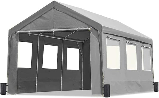 ADVANCE OUTDOOR 10x20 ft Adjustable Height Carport with Removable Window Sidewalls and Doors, Heavy Duty Car Canopy Garage Party Tent Boat Shelter with Reinforced Poles, Gray