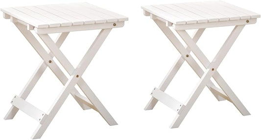 2 Pcs Small Folding Patio Side Table Outdoor Wood Wooden Small End Portable Plant Little Table for Garden Yard Porch Living Room Space Pool 15.4x15.4 x18.3 inch (White)