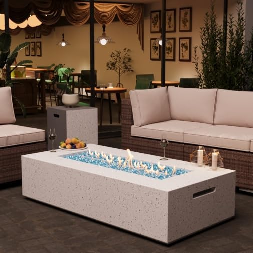 2-Piece Outdoor Propane Fire Pit Table Set – Premium Terrazzo-Like MgO Finish, 56-Inch Gas Fire Table with Tank Table for Patio, Garden & Backyard, Includes Rain Cover & Glass Beads