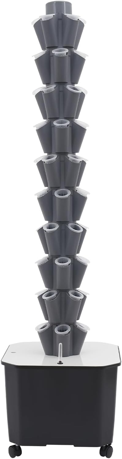Hydroponics Tower | 10 Layer 50 Plants Indoor Vertical Tower System Kit | Vertical Hydroponic Grow Tower Aeroponic Tower for Herbs | with Pump and 11.89 GAL Water Tank | 4 Wheels | Grey
