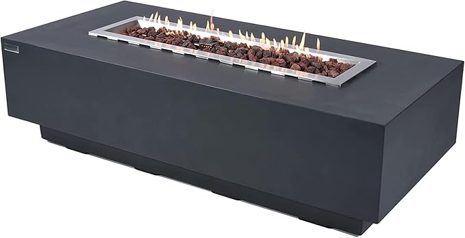 Elementi Granville Gas Fire Pit Cast Concrete Fire Table, Outdoor Fire Pit Electronic Ignition | Canvas Cover, Lava Rock Included | Free AMS Wind Guard | Dark Gray (Propane Gas)