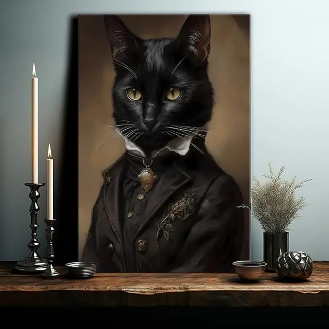 Jatinoo Black Cat Wall Art Framed Canvas - Gothic Home Decor, 16x24 Inch Vintage Print for Dark Academia, Moody Witchy Halloween Decor, Aesthetic Room Poster & Cat Lover Gift