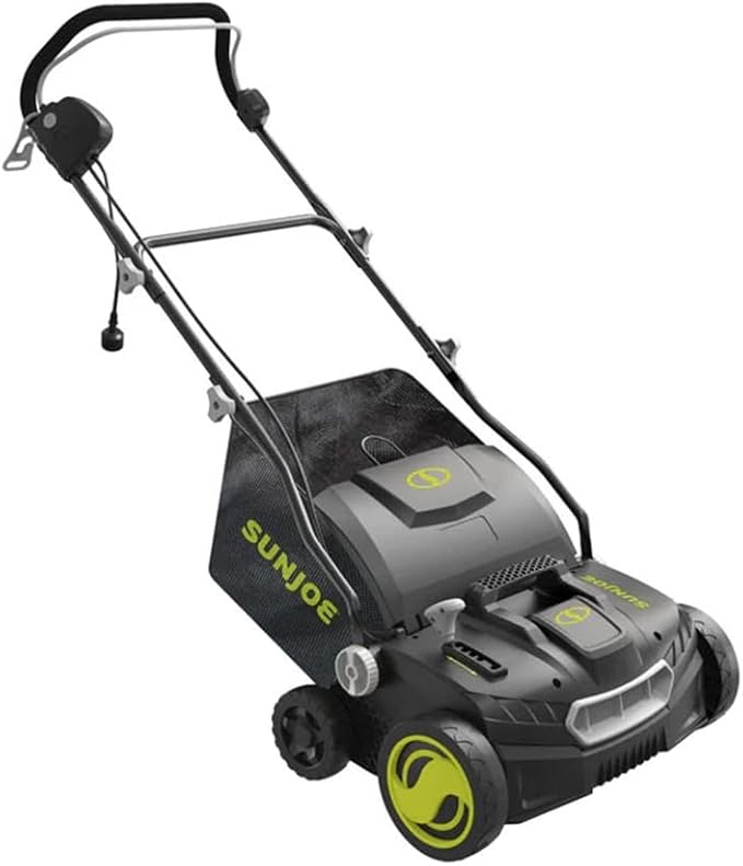 Sun Joe Electric Lawn Dethatcher & Scarifier w/ 13.2-Gal Bag, 15 Amp, 15 Inch, Black/Green - Heavy-Duty Corded Gardening Machine and Equipment for Lawn, Yard, and Grass, AJ808E