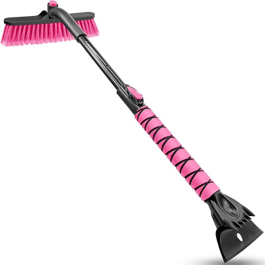 HEEYA Snow Brush for Car, Extendable Snow Brush and Ice Scraper with Foam Grip, Car Window Scraper for Snow and Ice for SUV Truck Auto Jeep RV Vehicle Windshield - Pink