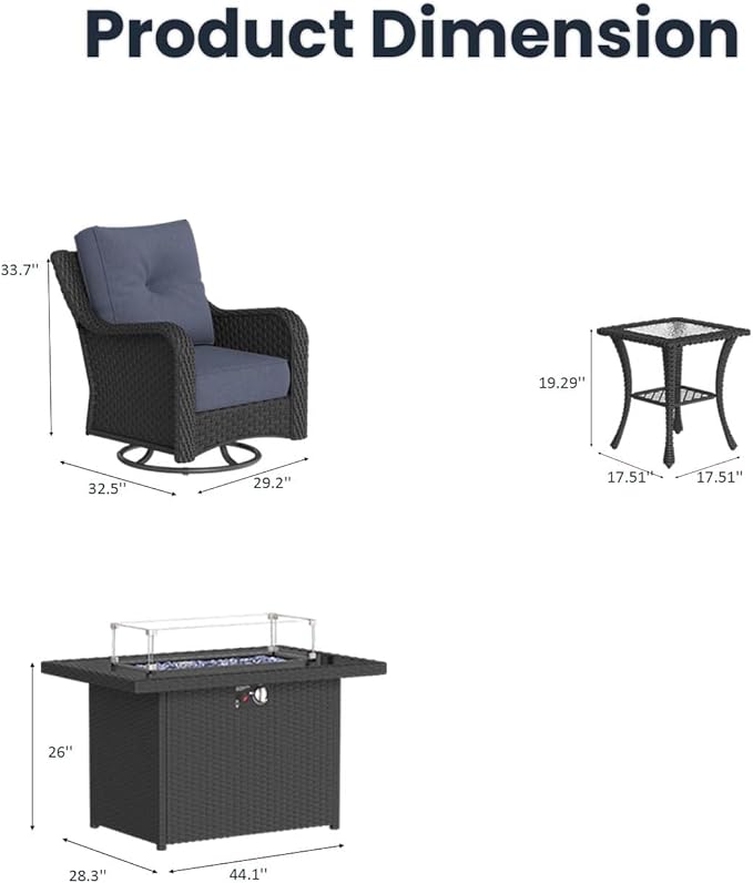 7 Pieces Outdoor Patio Furniture Sets with Rocking Swivel Chairs with 6-inch Thick Cushion and Fire Pit Table for Deck Lawn