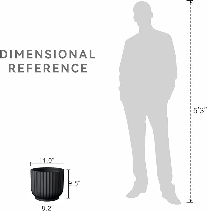 Kante Round Fulted Planter, 11 Inch Dia Large Concrete Plant Pots with Drainage Hole and Rubber Plug, Modern Decor for Indoor Outdoor Plants, Flower, Black