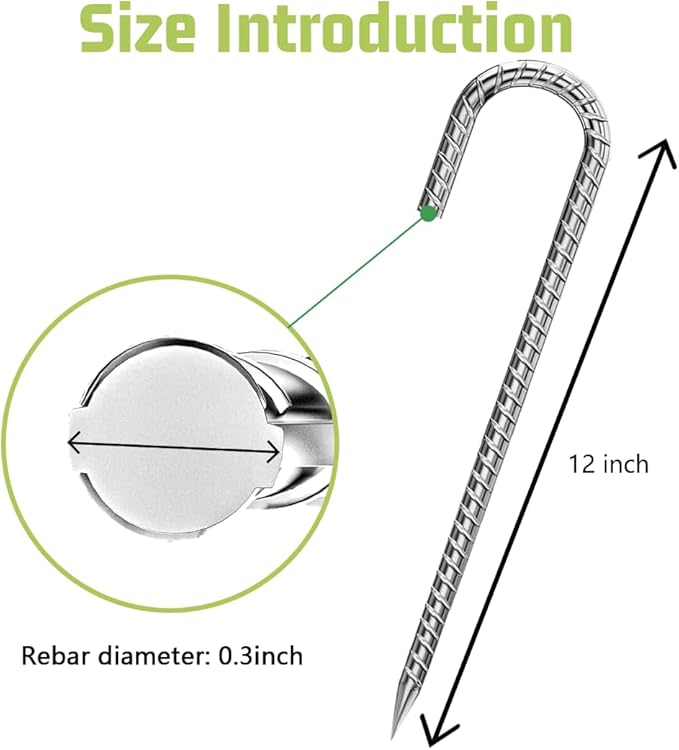 Rebar-Stakes-12-Inch, Ground Stakes Heavy Duty J-Hook Galvanized Anti-Rust Heavy Duty Ground Anchors for Garden Dog Fence Chicken Coop Christmas Decorations Deer Fence 10pcs