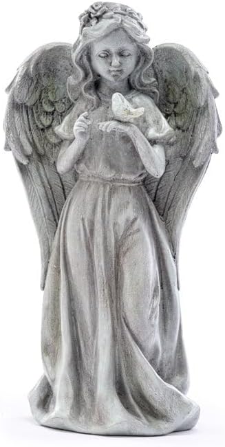 Napco Imports Decorative 3.5 x 7 Inch Indoor or Outdoor Sculpture Figurine Garden Statue Grey Angel with Bird