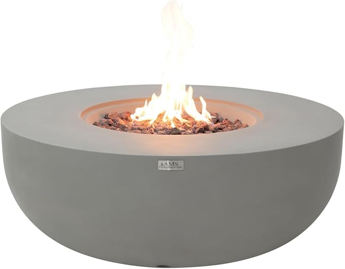AMS Creations | Eclipse 44" Round Cast Concrete Propane Gas Fire Pit Bowl Table | Light Gray | Smooth Texture Surface | Electronic Ignition | Outdoor Patio Heater Outside Backyard Fireplace