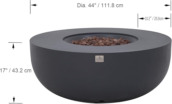 AMS Creations | Eclipse 44" Bundle Round Cast Concrete Propane Gas Fire Pit Bowl Table | Dark Gray | Smooth Texture Surface | Electronic Ignition | Outdoor Patio Heater Outside Backyard Fireplace