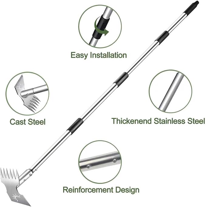 Weed Puller Tool with Long Handle, 60inch Manual Weeder Remover Tool, Stainless Steel 2 in 1 Hand Weed Rake for Gardening, Heavy Duty Uprooting Weeding Pull for Garden, Lawn,Yard, Patio
