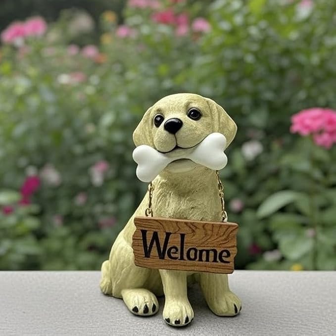 Nature's Mark Labrador Retriever Dog Puppy Statue with Welcome Sign Resin Garden Statue Decor 6.7" H
