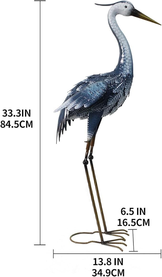 33 Inch Crane Statue for Garden Decorations, Metal Heron Yard Art, Outdoor Decor for Patio, Pond, and Backyard, Blue