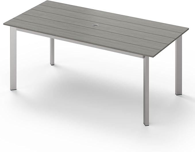 67" Rectangle HDPS Patio Dining Table, Aluminum Outdoor Patio Dining Table with Umbrella Hole, Weather-Resistant for Lawn, Garden, Yard, Poolside and Indoor Use, Silver & Gray