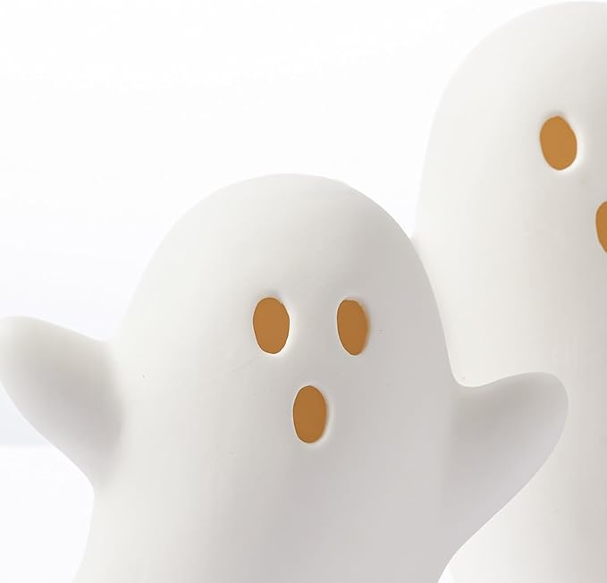 WDS WONDROUS Halloween Decorations Light Up Ghost Figurines Set of 2, White Floating Ghost Statues with LED, Ceramic Cute Halloween Figurines Decor for Tabletop Shelf Mantel Desk Indoor