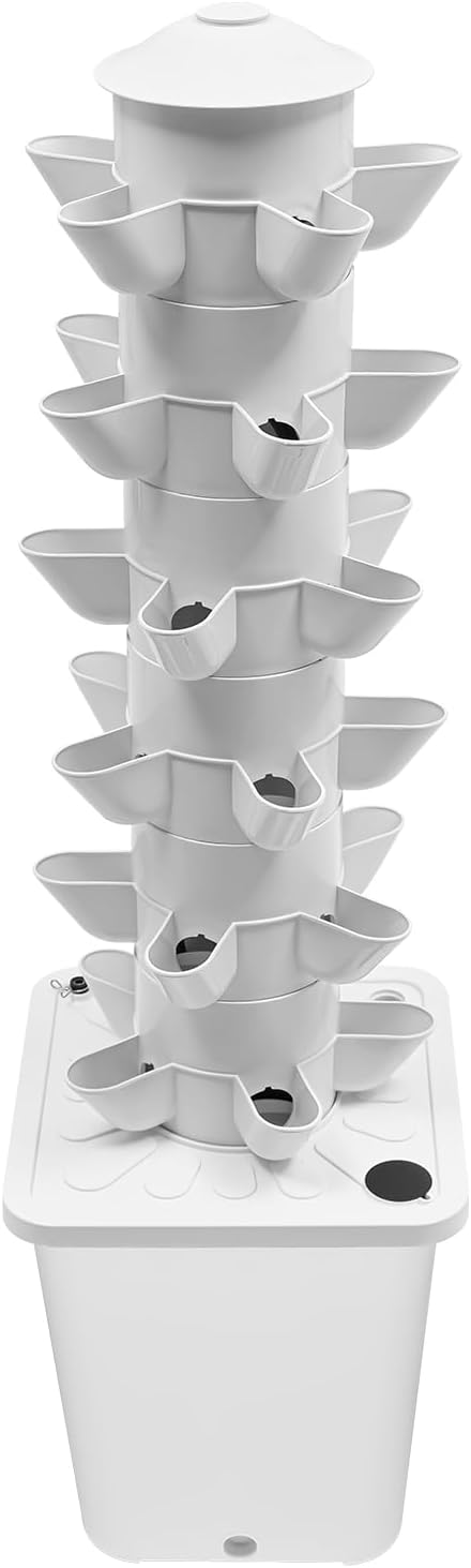 Hydroponics Growing System Kit, 6 Layers 30 Holes Indoor Gardening System Vertical Planter Germination Kit w/Water Pump, Hydroponic Natural Balanced Tower System for Chilies, Mint (White)