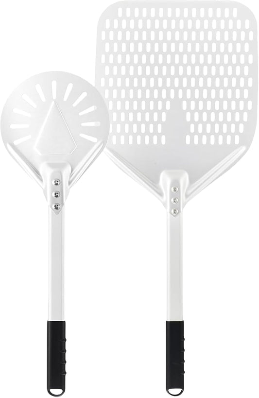 12 Inch + 7 Inch Perforated Pizza Peel Set, Pizza Turning Peel with Metal Handle, Pizza Spatula Paddle for Homemade Pizza Oven Accessories
