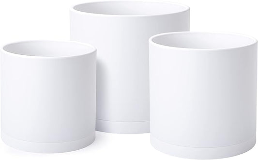 D'vine Dev 6 Inch 6.5 Inch 8 Inch, Set of 3 Plastic Planter Pots for Plants with Drainage Hole and Seamless Saucers, White Color, Medium, 74-V-A-3