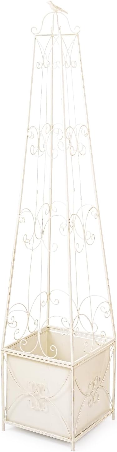 Sungmor Garden Obelisk Trellis with Planter Box - 5ft Metal Climbing Plant Support Tower with Bird Finial - Decorative Outdoor Wrought Iron Trellis for Roses, Clematis, Vines, Ivy - Distressed White