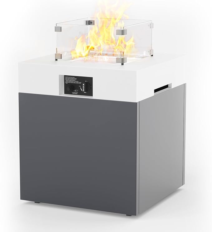 MBY 22" Aluminum Fire Pit Table, 37,000 BTU Gas Firepit for Outdoor Patio Deck and Garden, CSA Certified Fire Pit with Lid, Waterproof Cover, Glass Wind Guard and Glass Stone, White