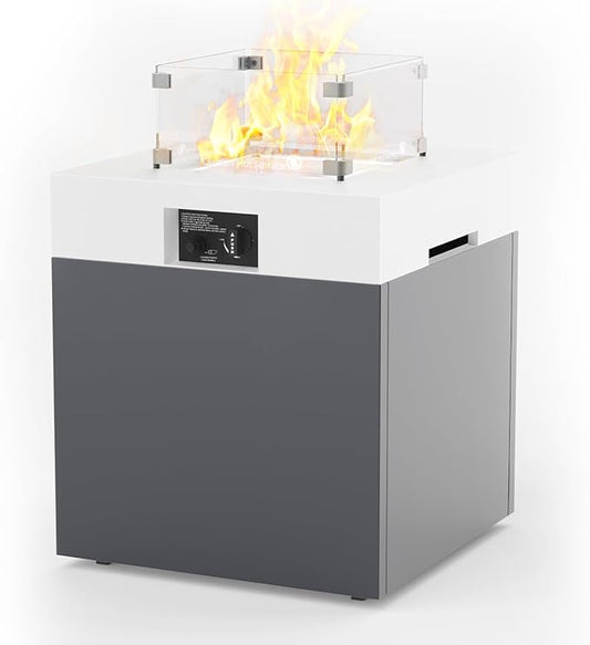 MBY 22" Aluminum Fire Pit Table, 37,000 BTU Gas Firepit for Outdoor Patio Deck and Garden, CSA Certified Fire Pit with Lid, Waterproof Cover, Glass Wind Guard and Glass Stone, White