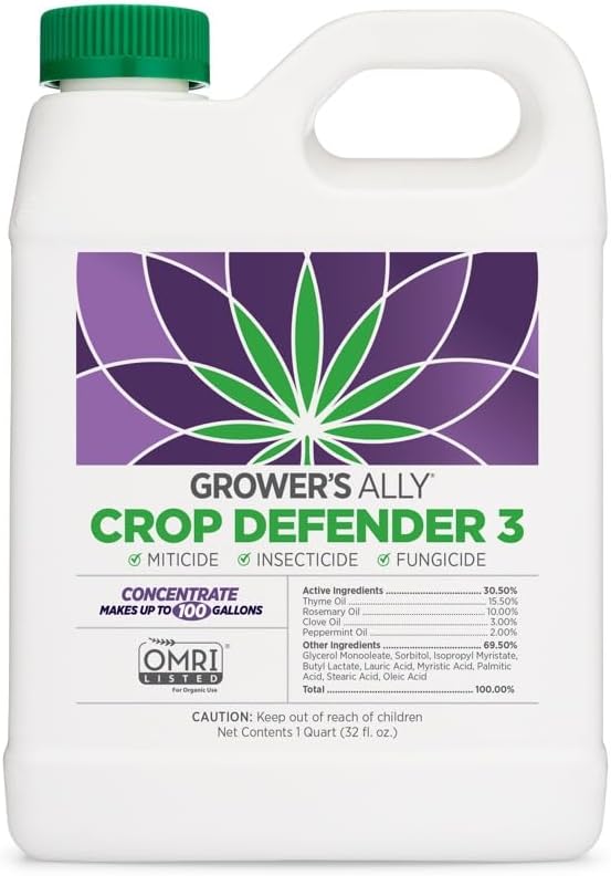 Grower's Ally Crop Defender 3 Concentrate 1 qt | Natural, Safe & Organic Insecticide & Fungicide Control for Plants - Powdery Mildew, Spider Mites & Russet Mite Killer – Makes 100 Gallons