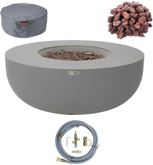 AMS Creations | Eclipse 44" Round Cast Concrete Natural Gas Fire Pit Bowl Table | Light Gray | Smooth Texture Surface | Electronic Ignition | Outdoor Patio Heater Outside Backyard Fireplace