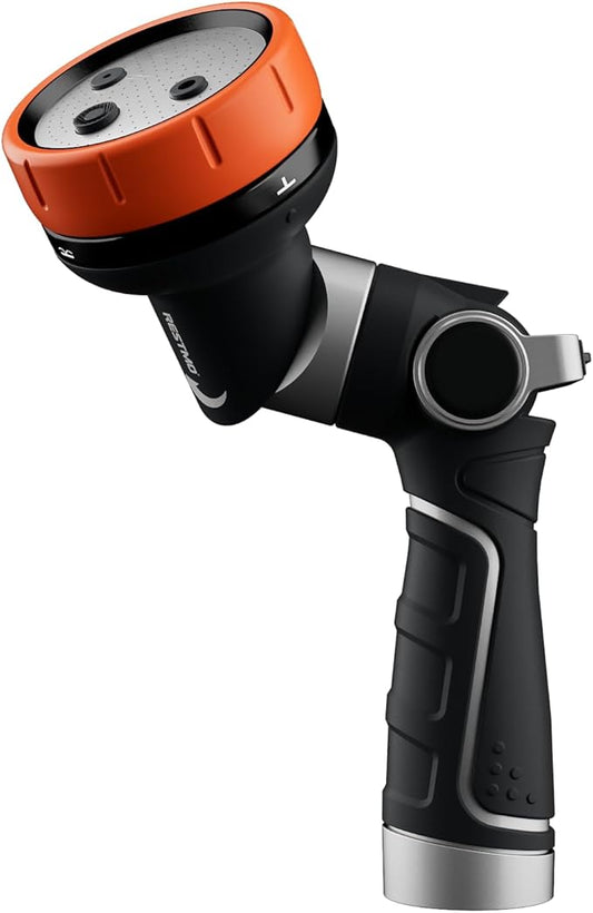 RESTMO 2-IN-1 Garden Hose Nozzle, Heavy Duty Metal Water Hose Nozzle with 4 Spray Patterns, Magic Twist and Thumb Flow Control, Ideal for Watering Plants & Lawns, Washing Cars & Pets, Orange