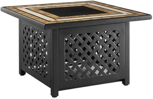 Brown Fire Pit Table with Tiled Top, Beads, and Covers – Propane Backyard Fireplace and Patio Furniture with Hidden Tank Storage