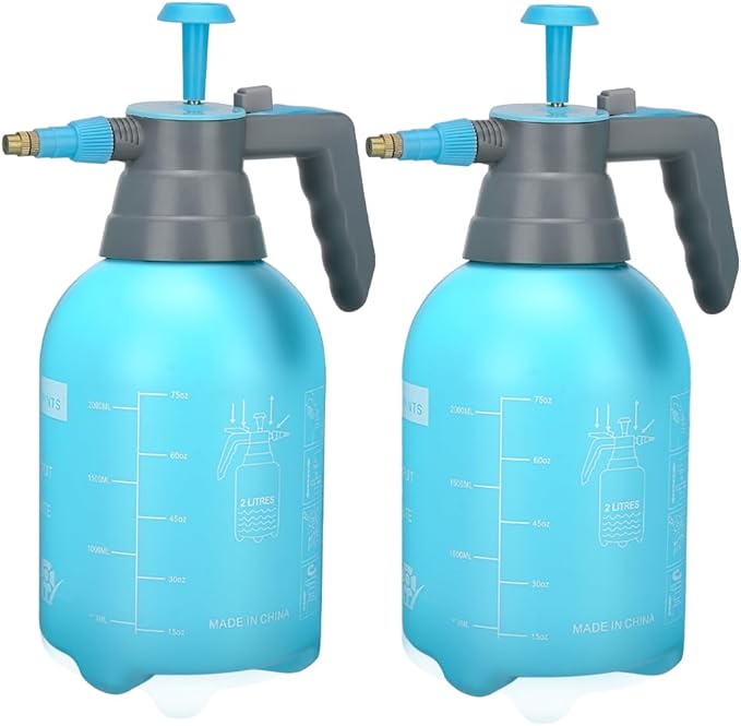 1/2 Gallon Handheld Pump Sprayer, 2 Pack Garden Pressure Sprayer with Adjustable Brass Nozzle, Multi-Purpose 75 Oz Water Spray Bottle Ideal for Watering, Fertilizing, Cleaning (Blue-2L)
