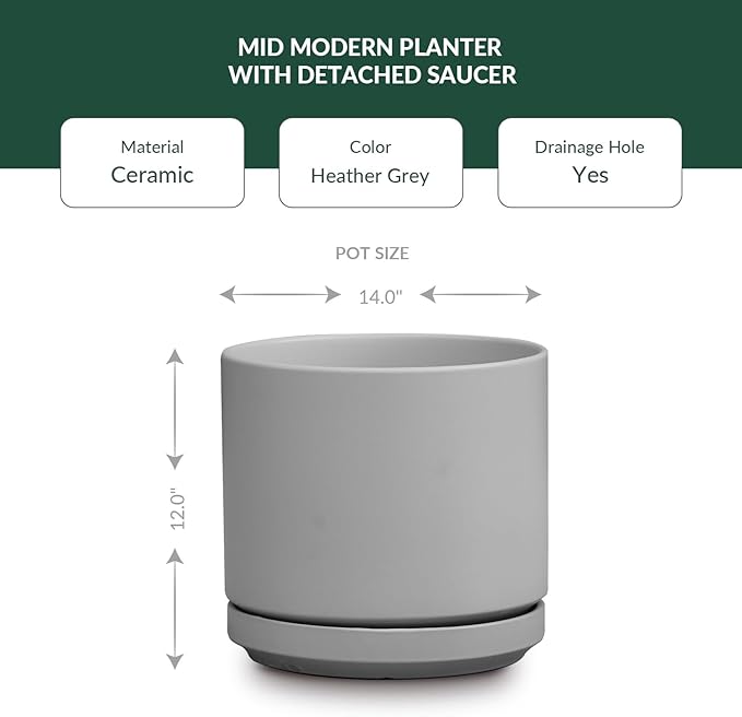 Mid Modern Planter with Detached Saucer (Heather Grey,14.0" D x 12.0" H)