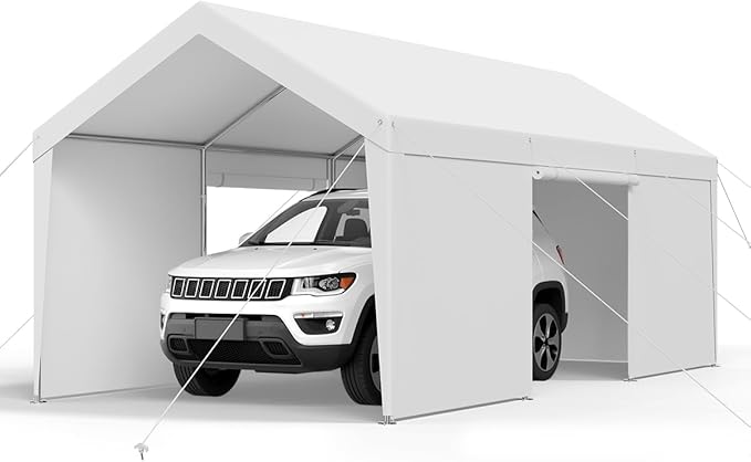 VEVOR Carport, 10 x 20 FT Outdoor Car Canopy, Potable Carport with Removable Sidewalls & Door, Heavy Duty Car Shelter, UV-Resistant & Water-Resistant, All-Season Protection for Automobile Boat White