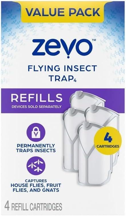 Zevo Flying Insect Trap Refills – 4 Pack Sticky Cartridges – Indoor Fly & Gnat Catcher – Easy to Replace