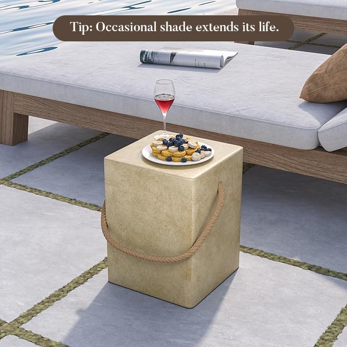 COSIEST Rectangular Concrete Side Table,15'' Outdoor Side Table w Hemp Rope Handles,Patio Side Tables Accent End Coffe Table for Garden and Patio, Beige