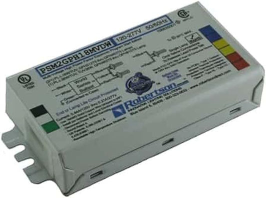 ROBERTSON 3P20165 PSM2GPH18MVDW Fluorescent eBallast for 2/1 PL-L18W/TUV, GPH212T5 thru GPH463T5 Lamps, 1 PL-36W/TUV, TUV36W, GPH463T5 thru GPH810T5 Lamps, 120-277Vac, 50-60Hz, NBF, HPF