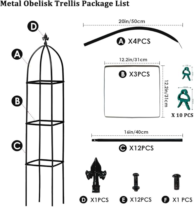Garden Trellis for Climbing Plants Outdoor - Powder-Coated Steel 63" Metal Trellis Towering Plant Support - Heavy Duty Obelisk Trellis for Climbing Vine, Vegetables & Flowers,Deep Green