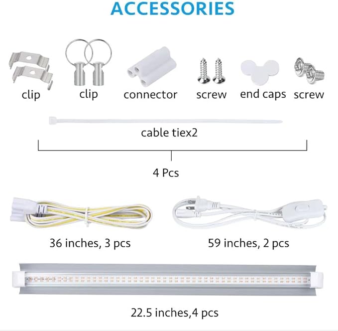 Grow Light, 2ft T8,100W(4 x 25W, 600W Equivalent), Super Bright, Full Spectrum Sunlight Plant Light, LED Grow Light Strips, Grow Lights for Indoor Plants,Greenhouse,4-Pack