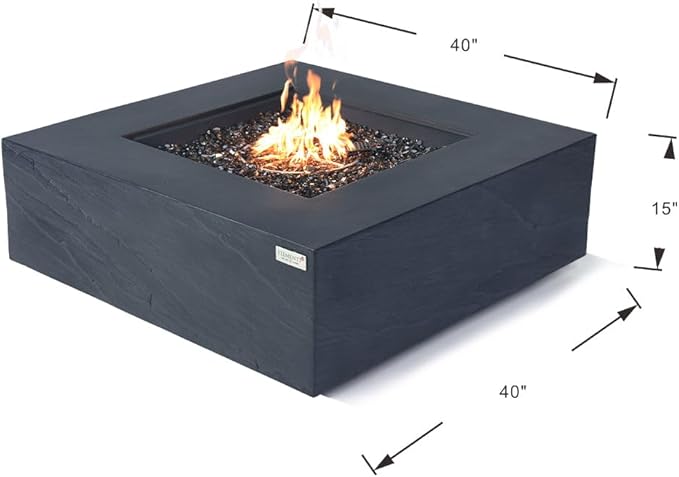 Roraima Concrete Fire Pit 40" x 40" Patio Firepit Includes Fire Glass Modern Fire Pits & Outdoor Fireplaces for Garden, Deck, Indoor & Outdoor Heating