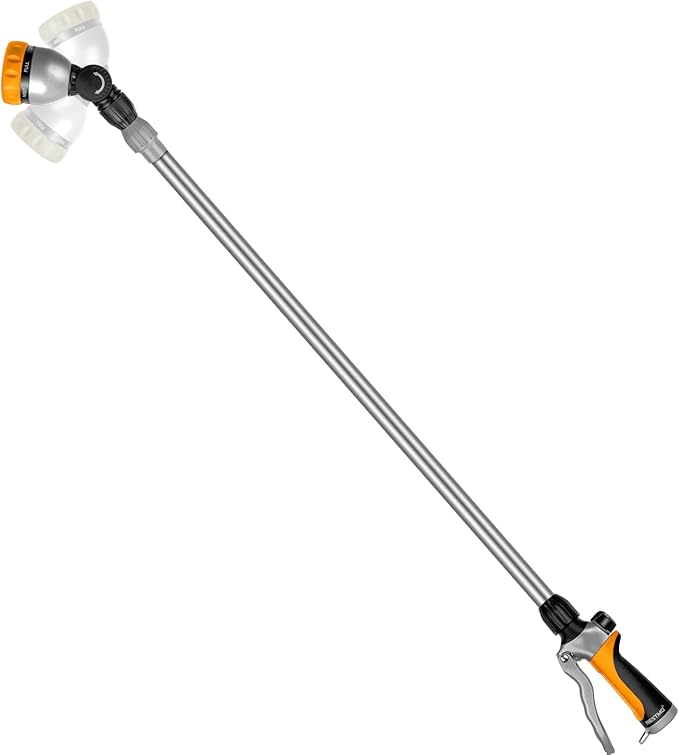 RESTMO Metal Watering Wand, 36”-60” Long Telescopic Tube | 180° Adjustable Ratcheting Head | 7 Spray Patterns | Flow Control, Perfect Garden Hose Sprayer to Water Hanging Baskets, Shrubs, Yellow