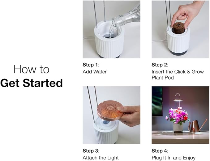 Mini Smart Planter Kit with Petunia Plant Pods by Click&Grow, Hydrovase Indoor Garden, Self-Watering Pot with Grow Light (White)