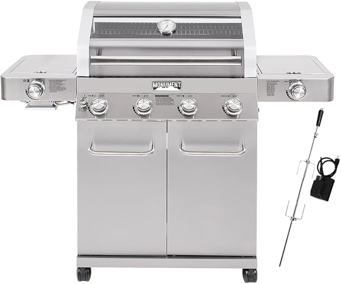 Monument Grills Larger 4-Burner Propane Gas Grills Stainless Steel Cabinet Style with Infrared Side Sear & Side Burners Knob Controls Built-In Thermometer with Stainless Steel Rotisserie Kit(2 Items)