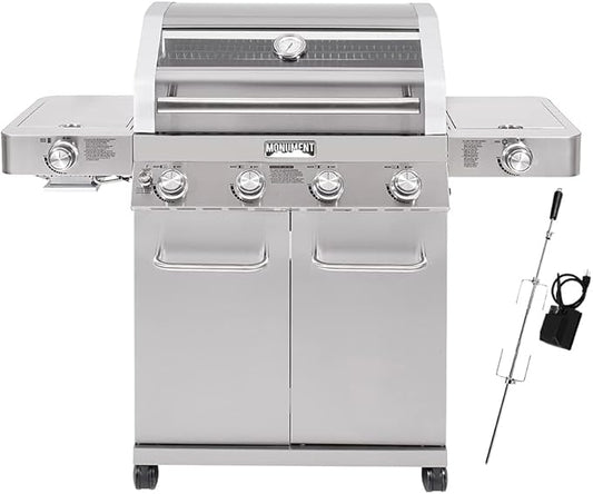 Monument Grills Larger 4-Burner Propane Gas Grills Stainless Steel Cabinet Style with Infrared Side Sear & Side Burners Knob Controls Built-In Thermometer with Stainless Steel Rotisserie Kit(2 Items)